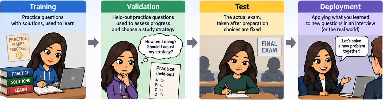 Practice to learn; held-out practice to choose a strategy; the exam to assess the final choice; interview questions to apply learning.