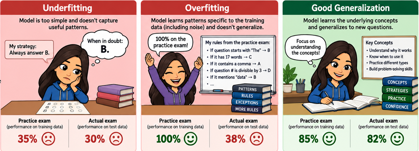 Underfitting: poor practice and exam scores. Overfitting: perfect practice but poor exam performance. Good generalization: strong performance on both.